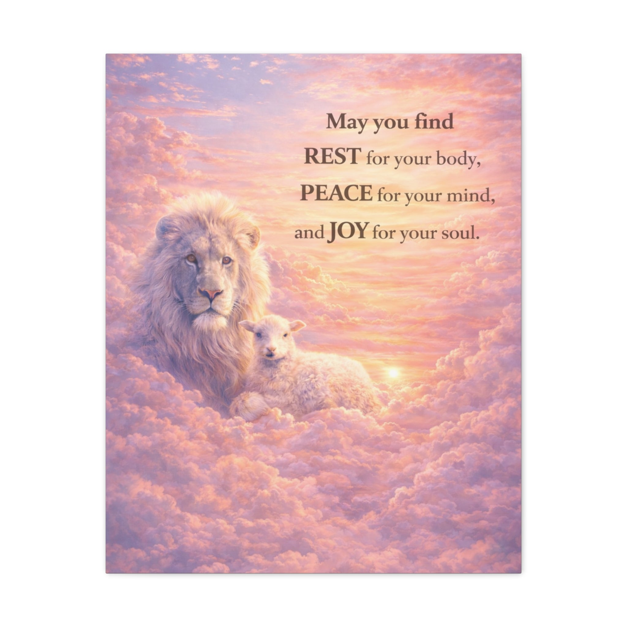 Lion and Lamb in Clouds Wall Art Canvas | Inspirational Quote Matte Stretched