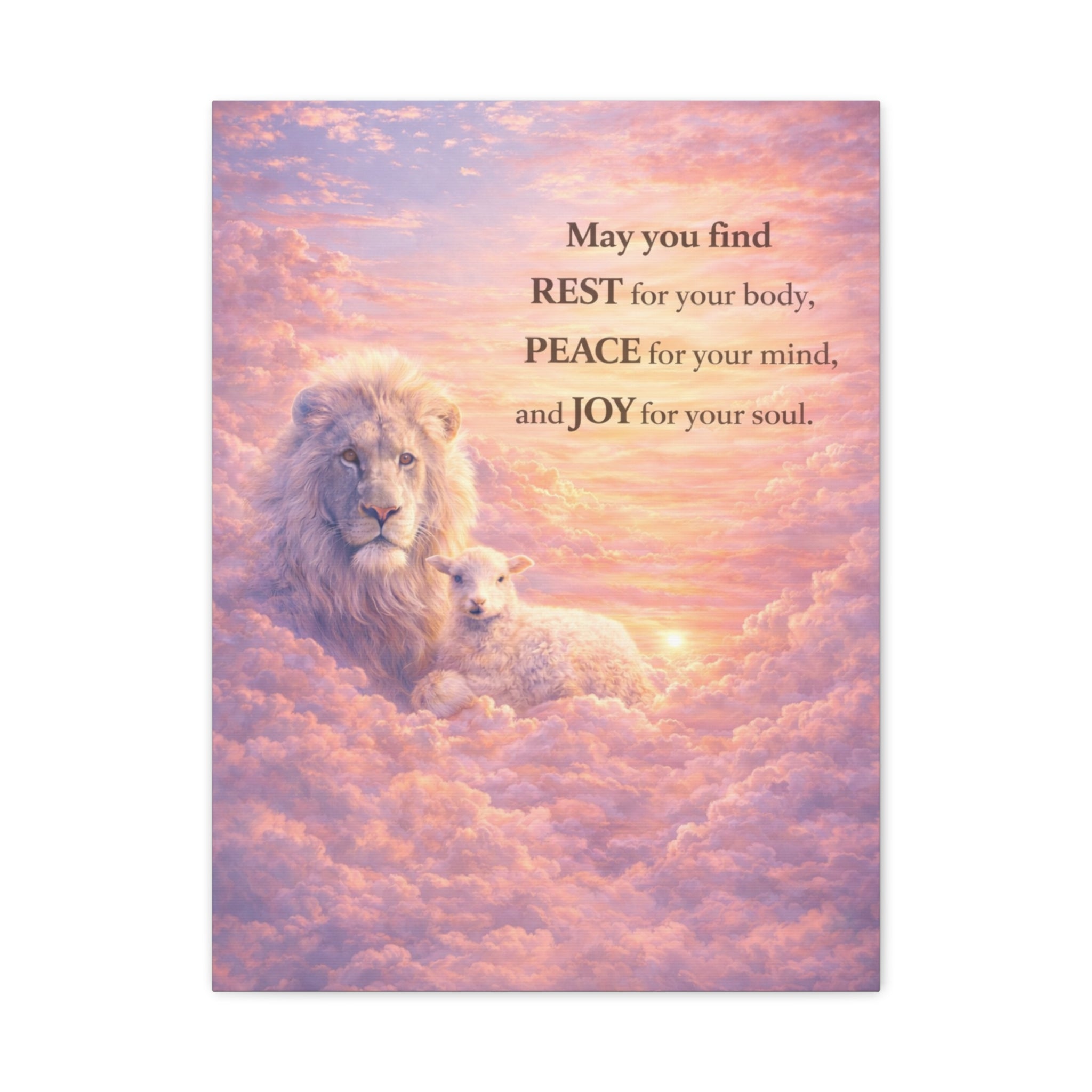 Lion and Lamb in Clouds Wall Art Canvas | Inspirational Quote Matte Stretched