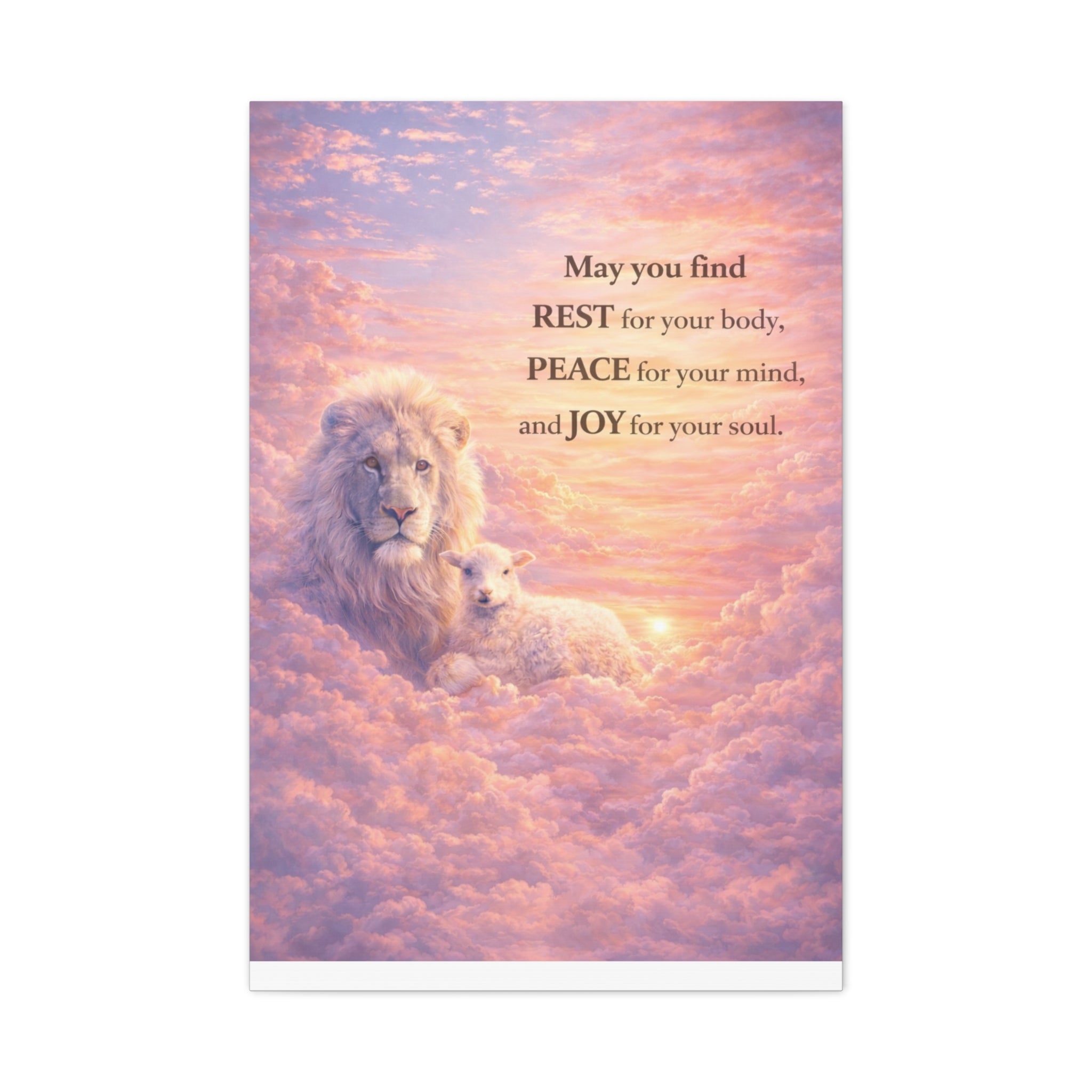 Lion and Lamb in Clouds Wall Art Canvas | Inspirational Quote Matte Stretched