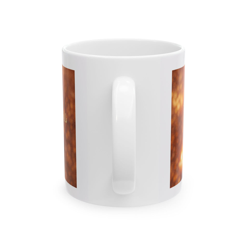 The Glory of Christmas script Mug | Christmas Candle Bokeh ceramic mug