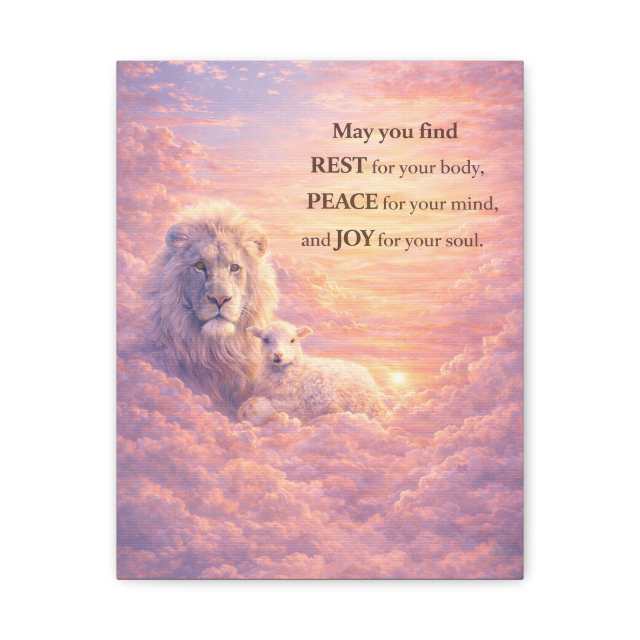 Lion and Lamb in Clouds Wall Art Canvas | Inspirational Quote Matte Stretched