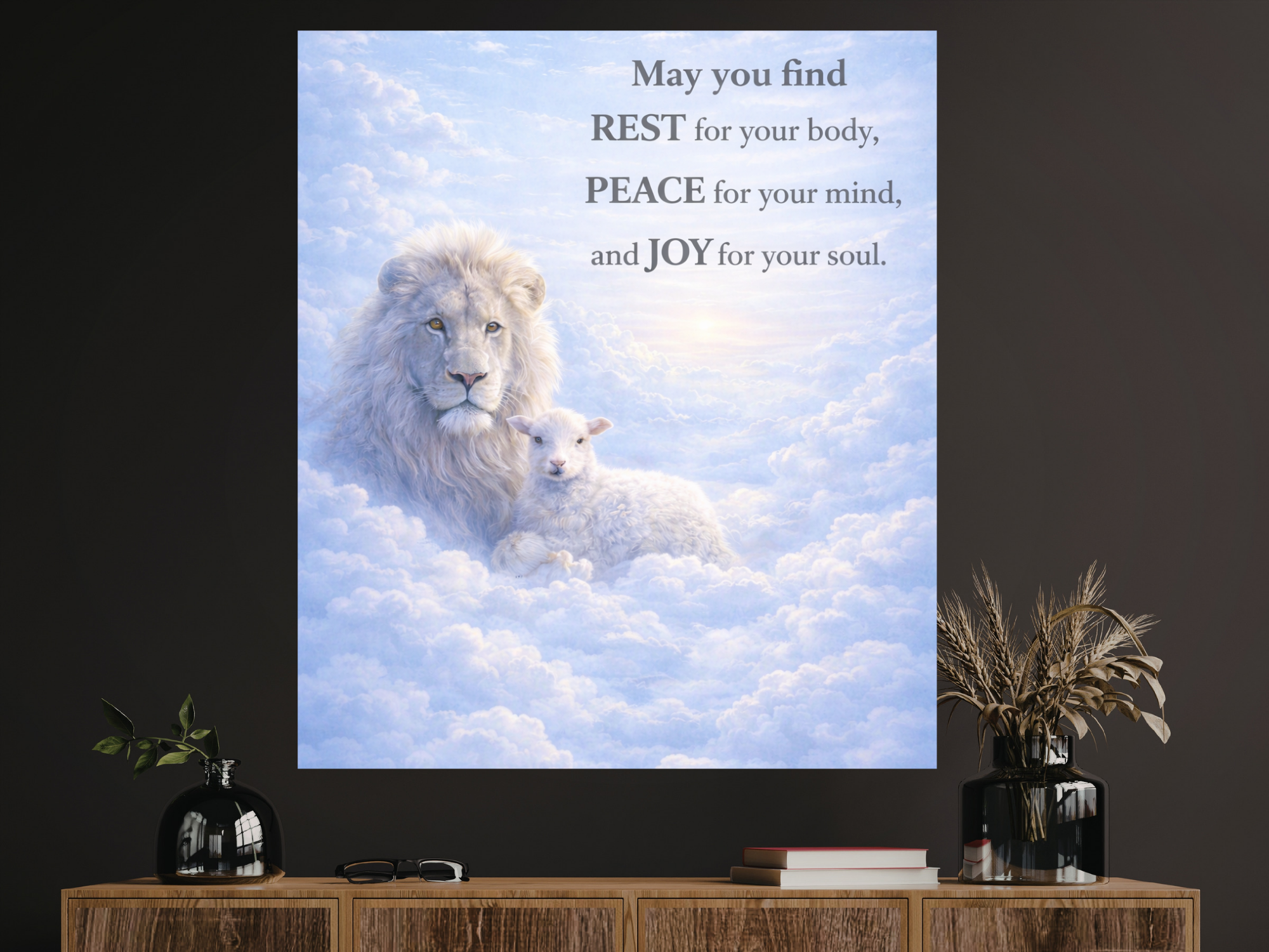 Lion and Lamb in Clouds Peace Joy Canvas
