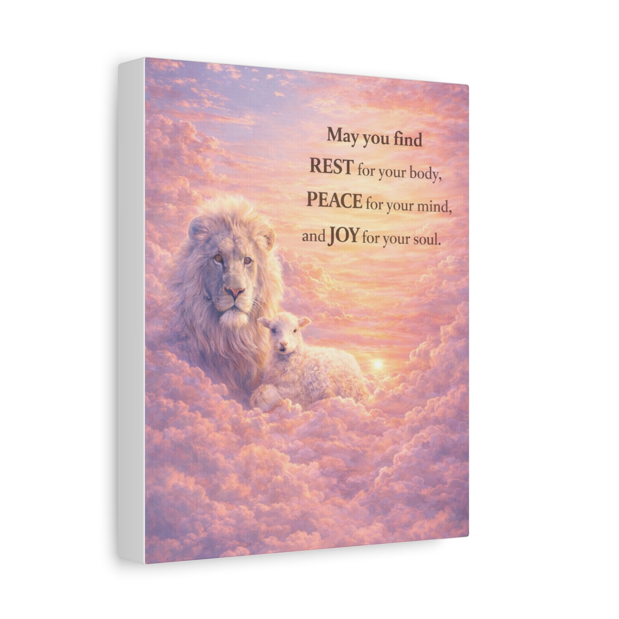 Lion and Lamb in Clouds Wall Art Canvas | Inspirational Quote Matte Stretched