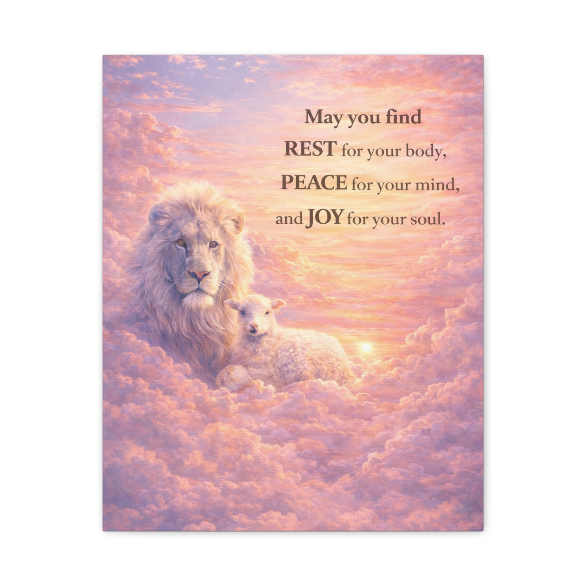 Lion and Lamb in Clouds Wall Art Canvas | Inspirational Quote Matte Stretched