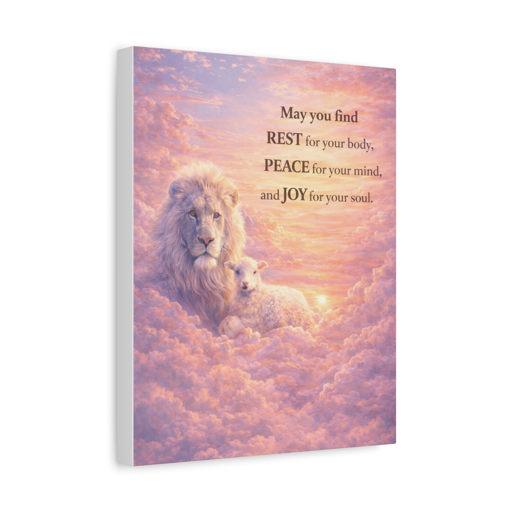 Lion and Lamb in Clouds Wall Art Canvas | Inspirational Quote Matte Stretched