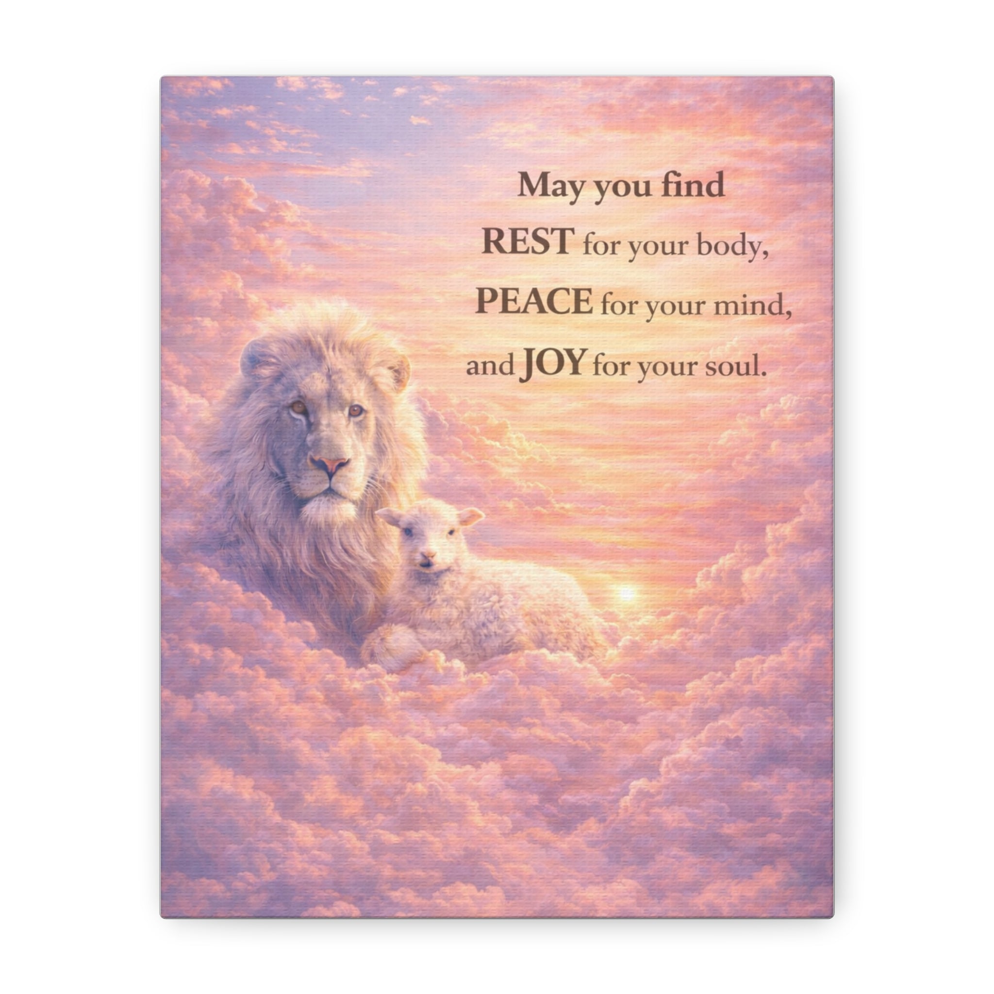 Lion and Lamb in Clouds Wall Art Canvas | Inspirational Quote Matte Stretched